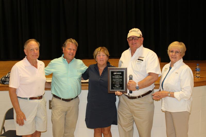CHEER dedicated its return of Beach Day in Rehoboth to the late Eleanor Cain, former director of the State Division of Services for Aging and Physical Disabilities. Family members were on hand to receive several accolades from state government entities, as well as CHEER. Shown are (l-r) Eleanor Cain’s son-in-law, Camp Albright, nephew John Paradee, daughter Randi Albright, CHEER Chief Executive Officer Ken Bock, and CHEER Chief Administrative Officer Joyce Westen. SUBMITTED PHOTOS